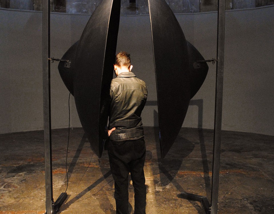 Michele D'Agostino Titolo, la conoscenza dell'ascolto, Anno 2013, Misure 270x180x175 cm Materiale,ferro,resina,policarbonato,carta componenti elettronici